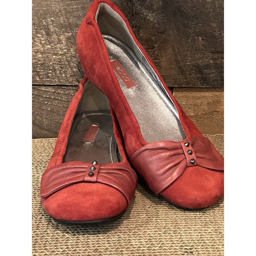 ECCO 028213 Red Suede Slip On Bow Ballet Flats Shoes EU 36 Women's 6